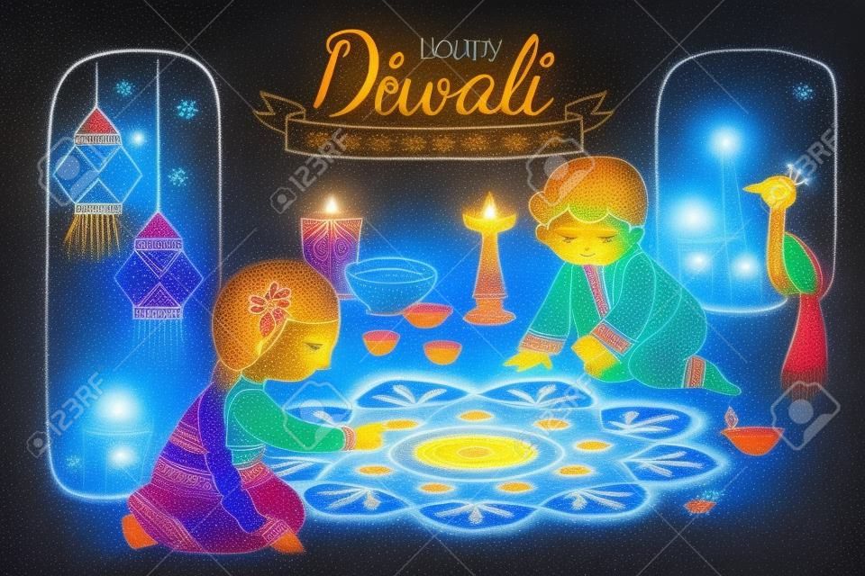 Lovely Diwali illustration with children drawing rangoli scene on blue night background