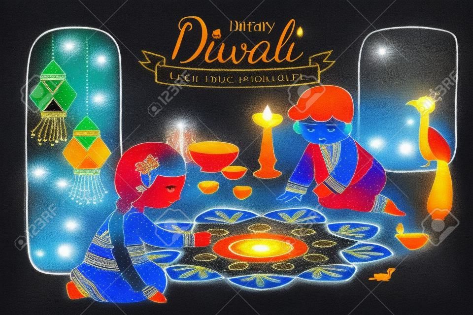 Bella illustrazione di Diwali con bambini che disegnano scene di rangoli su sfondo blu notte
