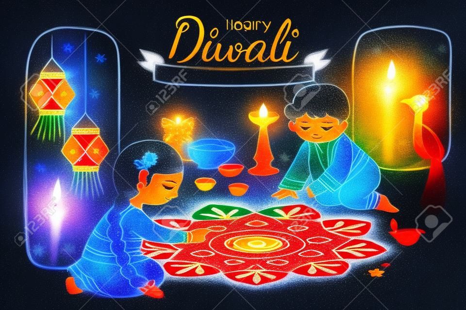 Schöne Diwali-Illustration mit Kindern, die Rangoli-Szene auf blauem Nachthintergrund zeichnen