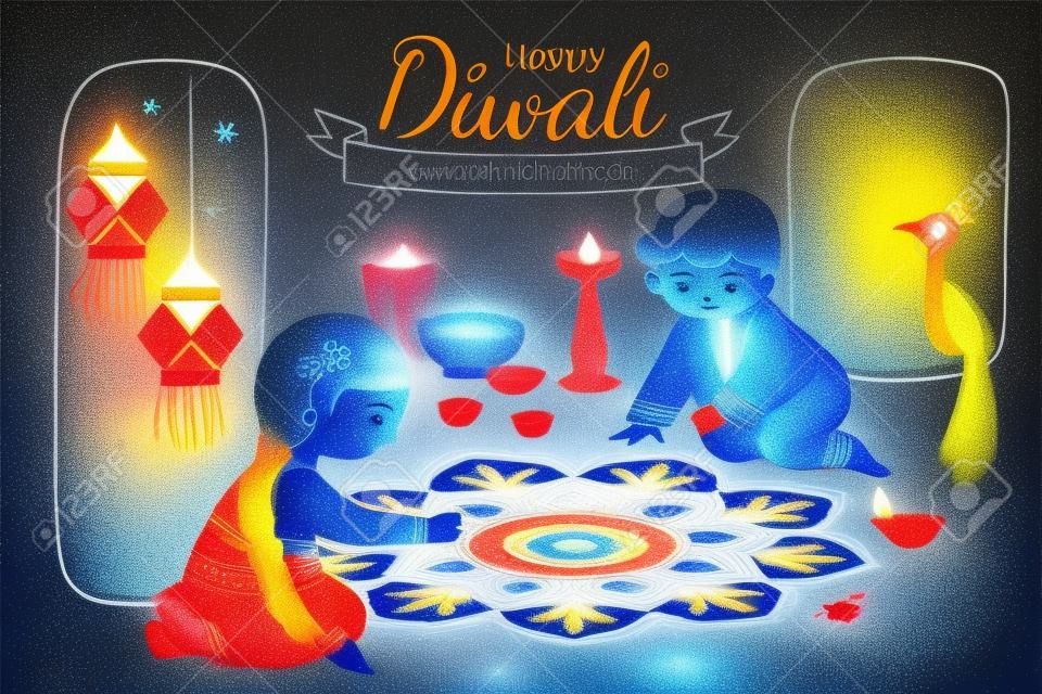 Schöne Diwali-Illustration mit Kindern, die Rangoli-Szene auf blauem Nachthintergrund zeichnen