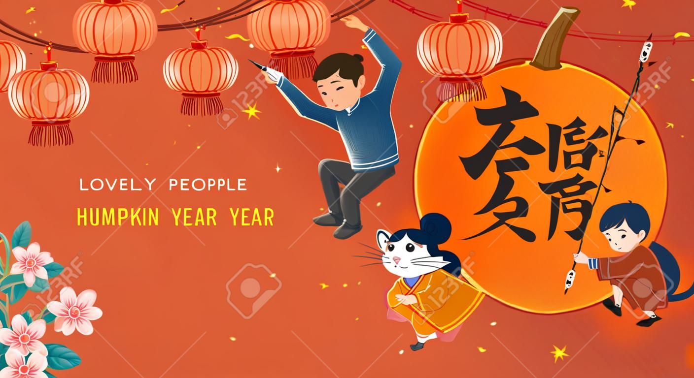 Pessoas adoráveis escrevendo doufang no fundo laranja da abóbora, tradução de texto chinesa: Rato e ano lunar