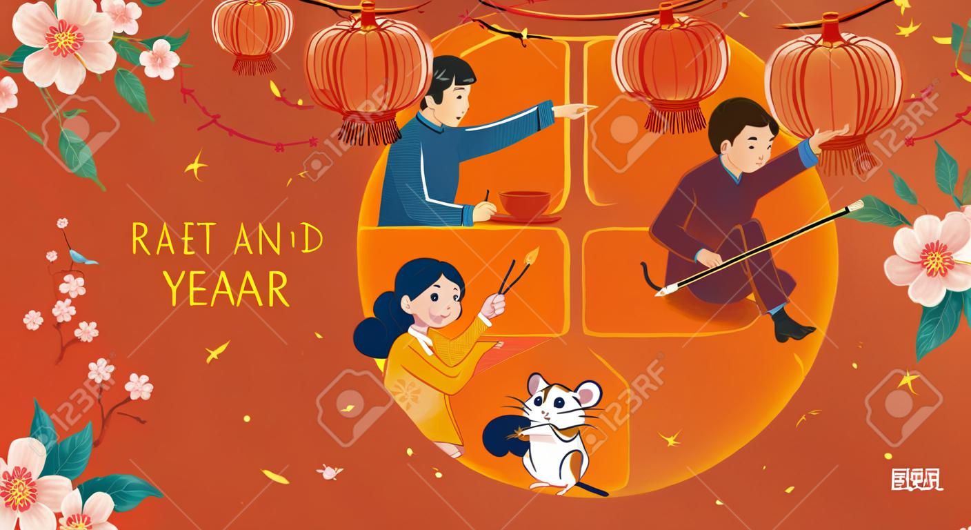 Gente encantadora escribiendo doufang sobre fondo naranja calabaza, traducción del texto chino: Rata y año lunar