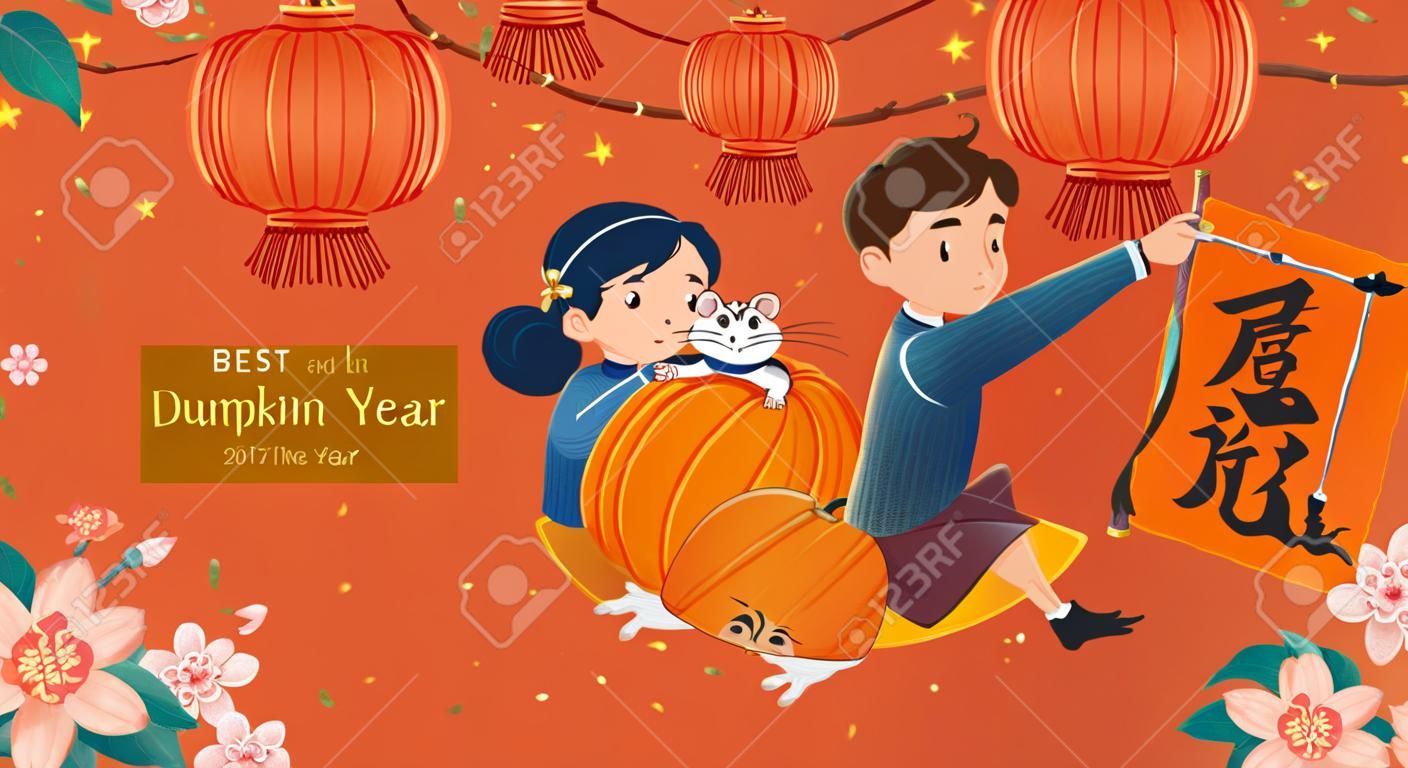Mooie mensen schrijven dufang op pompoen oranje achtergrond, Chinese tekst vertaling: Rat en maanjaar