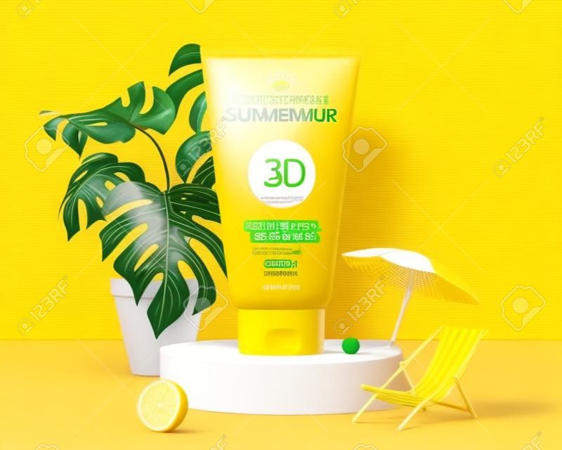 Ad template for summer products, sunscreen tube mock-up displayed on yellow podium with potted monstera, 3d illustration