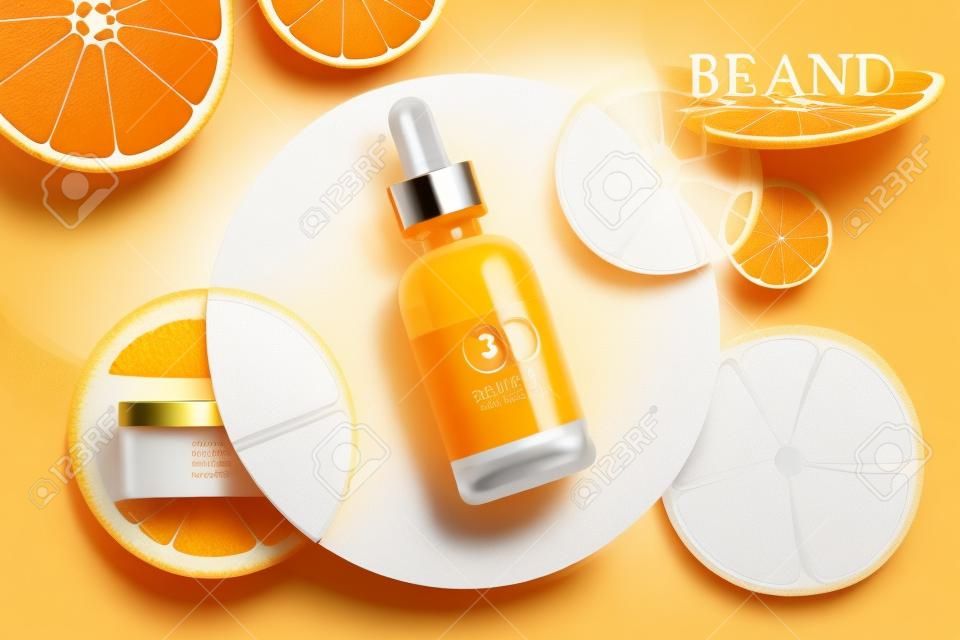 Illustrazione 3d di annunci di prodotti di bellezza, progettati con dischi circolari, mandarino affettato e flacone contagocce realistico, concetto di cura della pelle estiva