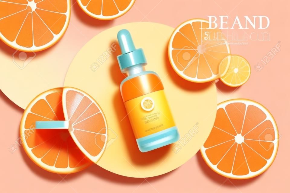 Illustrazione 3d di annunci di prodotti di bellezza, progettati con dischi circolari, mandarino affettato e flacone contagocce realistico, concetto di cura della pelle estiva