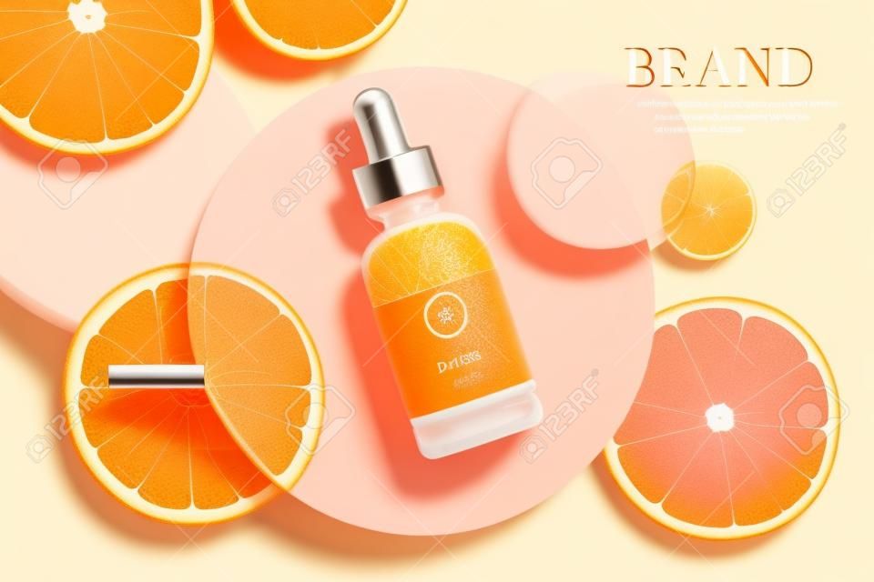 3d illustration of beauty product ad, designed with circular disks, sliced tangerine, and realistic dropper bottle, summer skincare concept