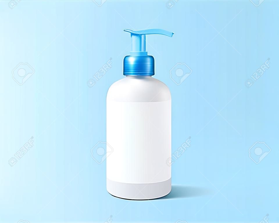 Weiße Flasche mit Spender und leerem Etikett in 3D-Darstellung auf blauem Hintergrund