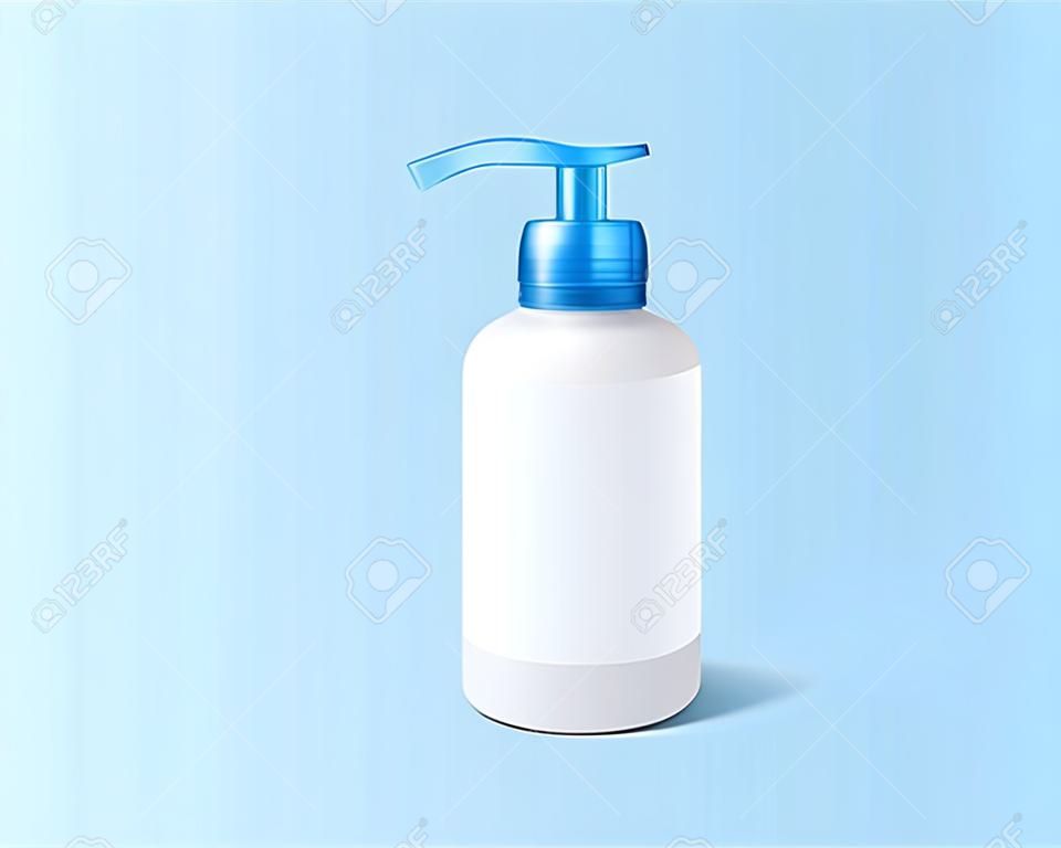 Weiße Flasche mit Spender und leerem Etikett in 3D-Darstellung auf blauem Hintergrund
