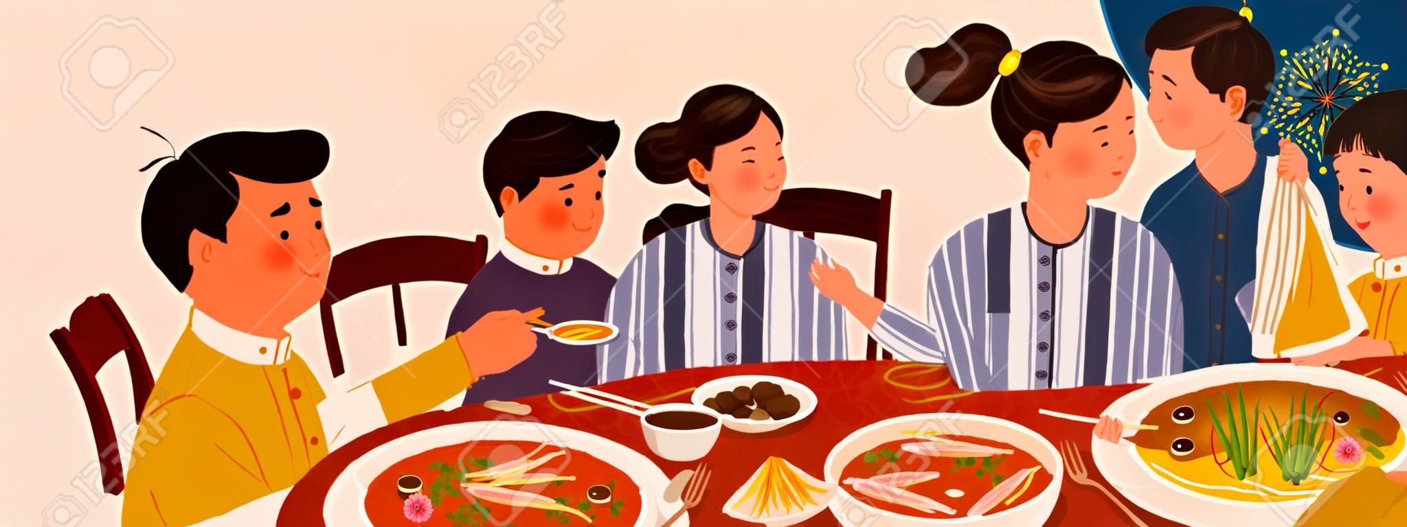 Reunion dinner banner, Asian family gathering to enjoy a big meal, Translation: Happy reunion on Chinese new year's eve