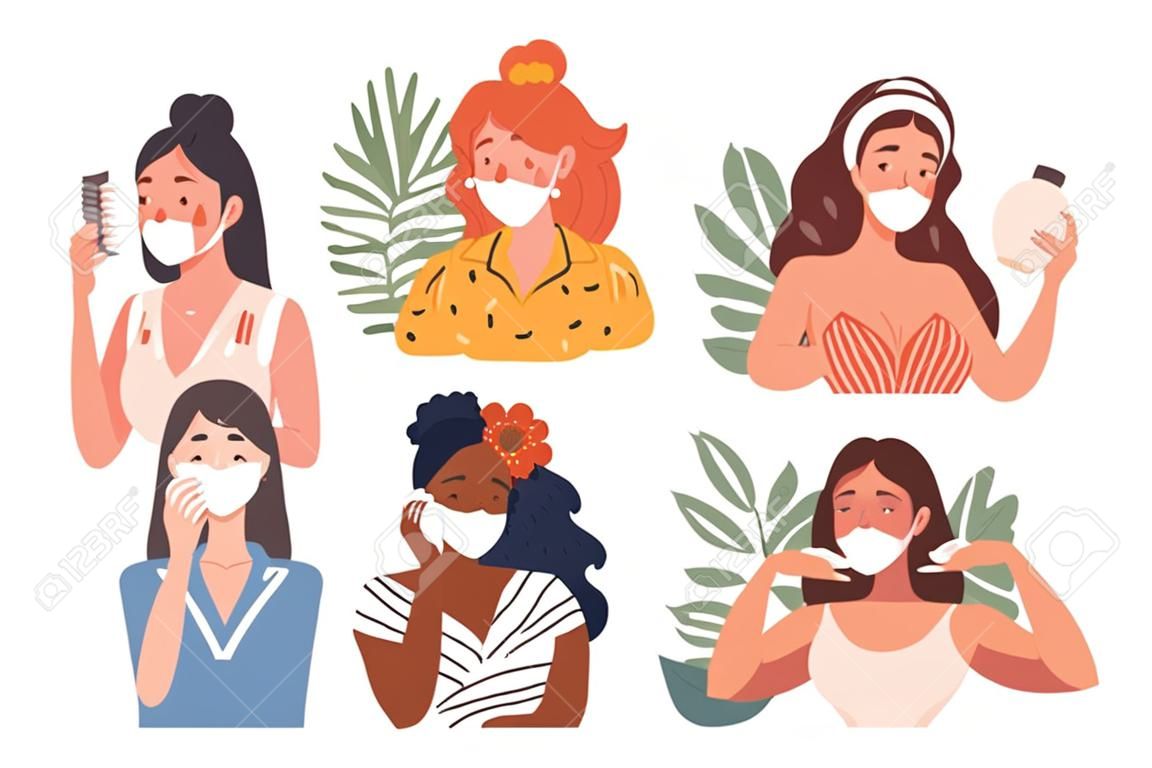 Płaskie ilustracje wieloetnicznych kobiet wykonujących codzienną pielęgnację skóry twarzy.
