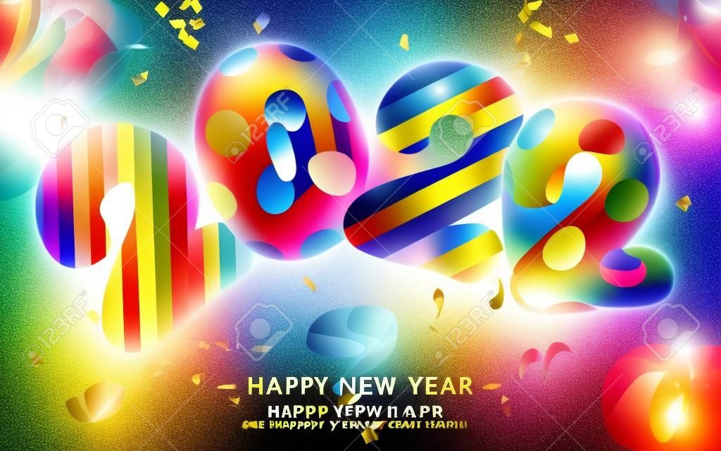 3d tło uroczystości szczęśliwego nowego roku z kolorowym balonem foliowym 2022 i złotym konfetti.