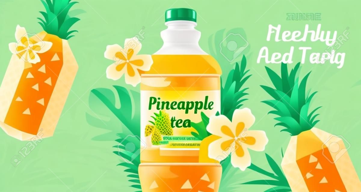 Baner reklamowy świeżej herbaty ananasowej. 3d ilustracja plastikowej butelki soku z ananasem wyciętym z papieru z dekoracją letniej dżungli.