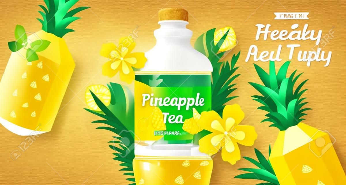 Baner reklamowy świeżej herbaty ananasowej. 3d ilustracja plastikowej butelki soku z ananasem wyciętym z papieru z dekoracją letniej dżungli.