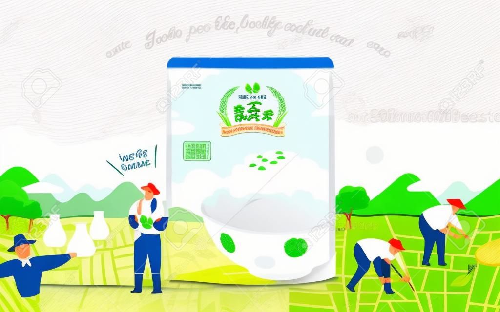Modello di annuncio di riso bianco cotto con illustrazione disegnata a mano di una graziosa risaia e agricoltori asiatici. Pacchetto del sacchetto di plastica per microonde 3D. Concetto di coltura locale e dieta sana.