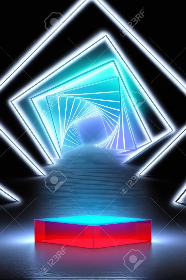 3d futuristic and luxury product display background. Glass cube stage with geometric neon light decor.