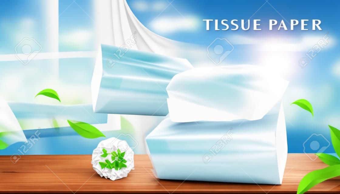 Weefsel papier promo banner. 3D Illustratie van twee pakketten van tissue papier stromen op een houten tafel binnen met bries blazen in op witte gordijnen en brengen wat bladeren op een zonnige dag