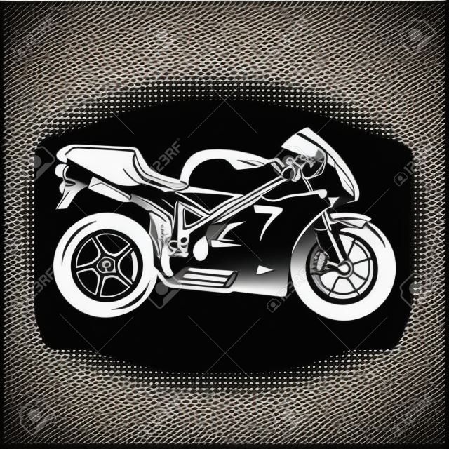 Wektor logo wyścigi motocyklowe, Wyścigi motocyklowe logo na czarnym tle. Super rower wektor monochromatyczne godło.