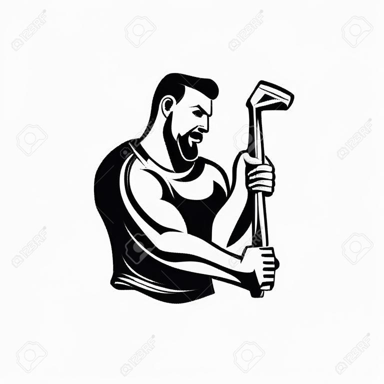 Logotipo de herrería. Silueta estilizada del herrero que trabaja con el martillo y el yunque, martillo del vector moderno simple grande.