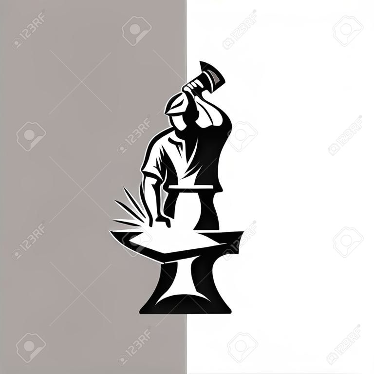 Logo della fucina. Sagoma stilizzata del fabbro che lavora con martello e incudine, martello vettoriale moderno semplice grande.