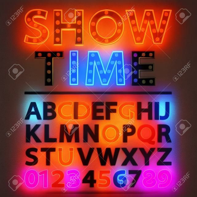 pomarańczowa lampka neon litery czcionki z Show Time słów