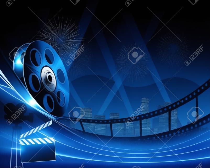 Blue film reel movie background in front of hollywood city at night