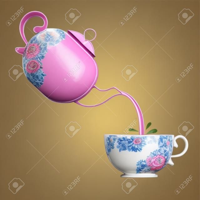 Die Kontur der Tasse und Teekanne mit Blumenelement.