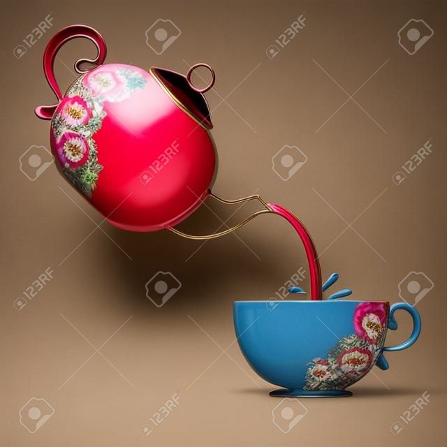 Die Kontur der Tasse und Teekanne mit Blumenelement.