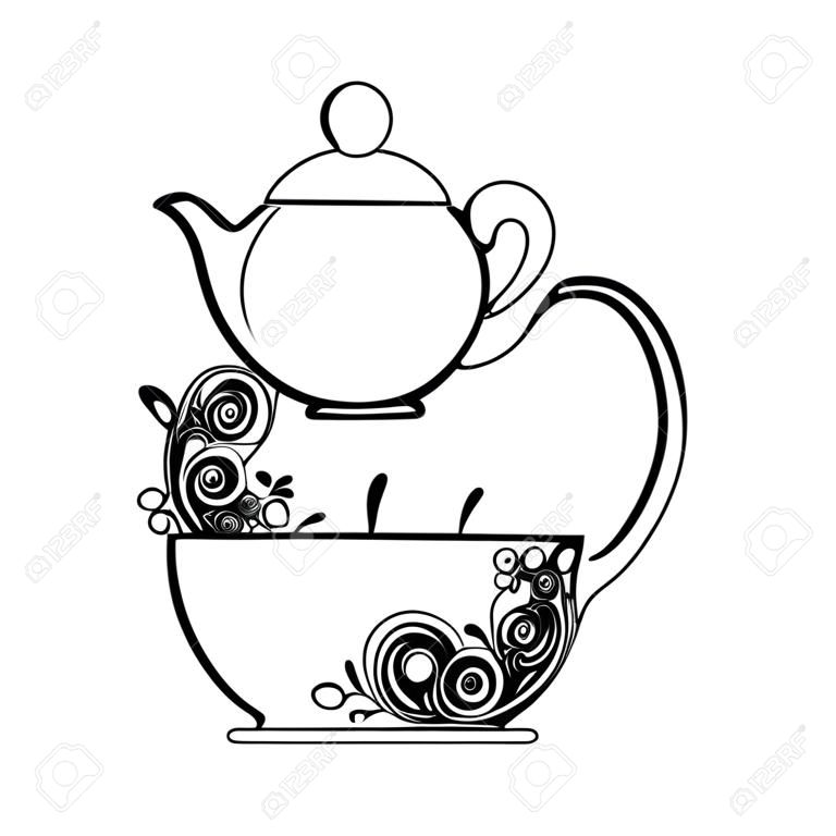A kontúr a kupa és a teáskanna virágos elem.