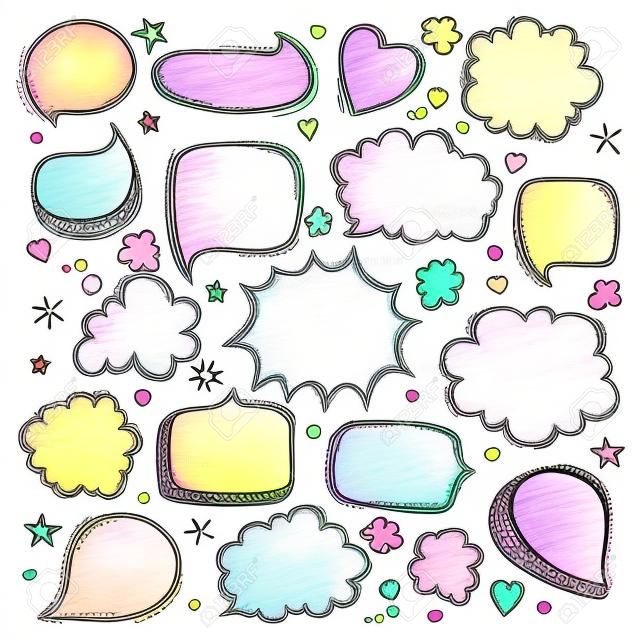 Set of hand drawn doodle colored Speech bubbles. Pastel colors. illustration.