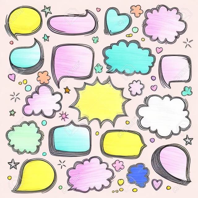 Set of hand drawn doodle colored Speech bubbles. Pastel colors. illustration.