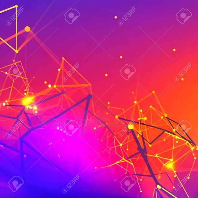 Abstrakter polygonaler Raum-purpurroter Hintergrund mit gelben niedrigen Polyverbindungs-Punkten und Linien - Verbindungs-Struktur - futuristischer HUD-Hintergrund