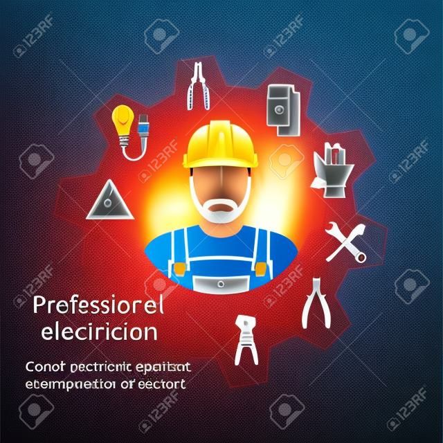 Concept van beroep elektricien. Reparatie en onderhoud van elektriciteit. Elektriciteit dienst. Elektriciens gereedschap, apparatuur. Banner, sjabloon, logo, achtergrond. Vector. Elektrisch beroep.