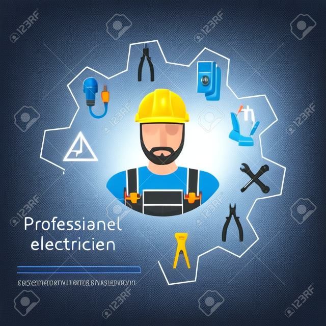 직업의 개념 전기입니다. 전기의 수리 및 유지 보수. 전기 서비스. 전기 기사 도구, 장비. 배너, 템플릿, 로고, 배경입니다. 벡터. 전기 직업.