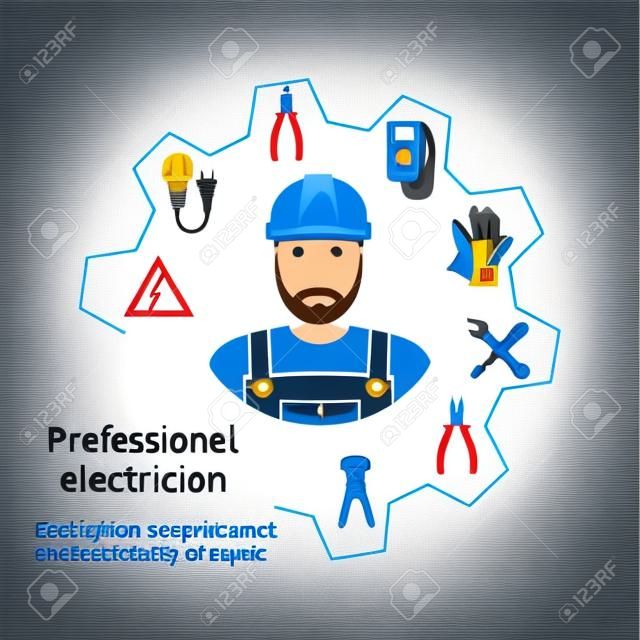專業電工的概念。維修和電力維修。電力服務。電工工具，設備。橫幅，模板，標誌，背景。向量。電工職業。
