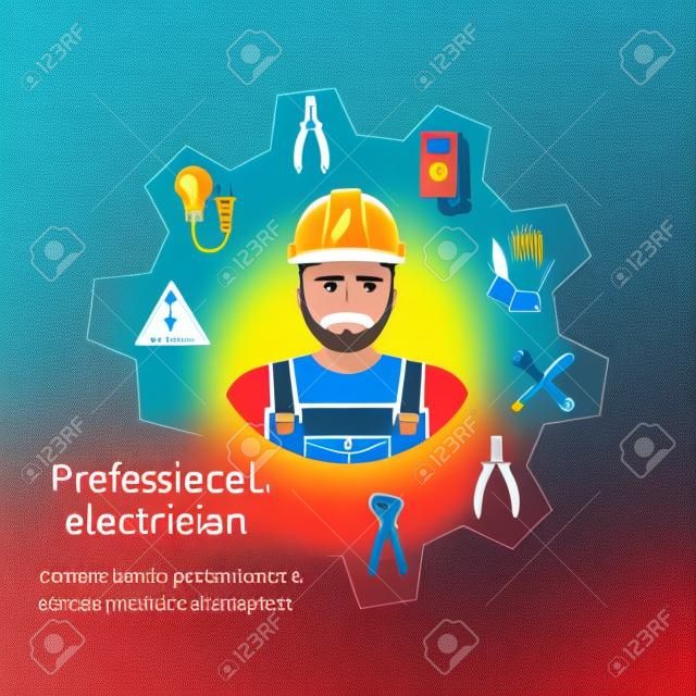 직업의 개념 전기입니다. 전기의 수리 및 유지 보수. 전기 서비스. 전기 기사 도구, 장비. 배너, 템플릿, 로고, 배경입니다. 벡터. 전기 직업.
