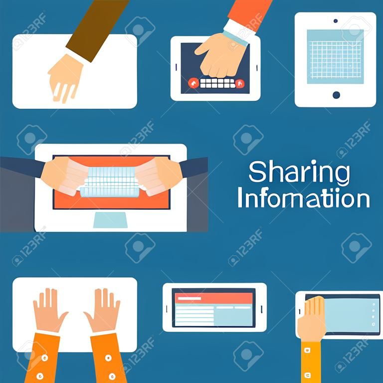 Sharing information concept vector. Social Network, information exchange, data, web, internet. Connection and share. Flat design. Global communication. Vector illustration. User device on sign share.