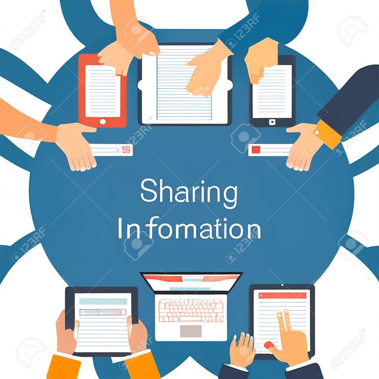共享信息概念向量。社交网络，信息交换，数据，网络，互联网。连接和共享。平面设计。全球交流。传染媒介例证。登录共享上的用户设备。