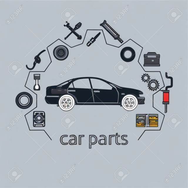 Car parts. Set icons auto spare parts for repairs. Vector illustration. Concept car and spare parts. Can be used as a logo store for the sale of spare parts, web banner, print. Vector