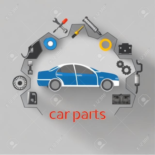 Autoteile. Stellen Sie Ikonen Auto-Ersatzteile für Reparaturen. Vektor-Illustration. Konzeptauto und Ersatzteile. Kann als Logo-Shop für den Verkauf von Ersatzteilen, Web-Banner, Druck verwendet werden. Vektor