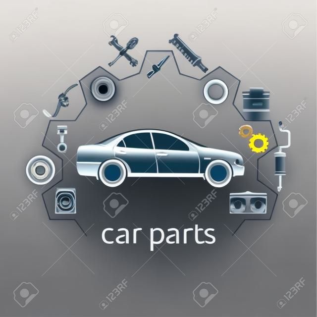 車の部品。修理用部品のアイコンを設定します。ベクトルの図。コンセプト車や部品。印刷する web バナー、スペアパーツの販売のためのロゴのストアとして使用できます。ベクトル
