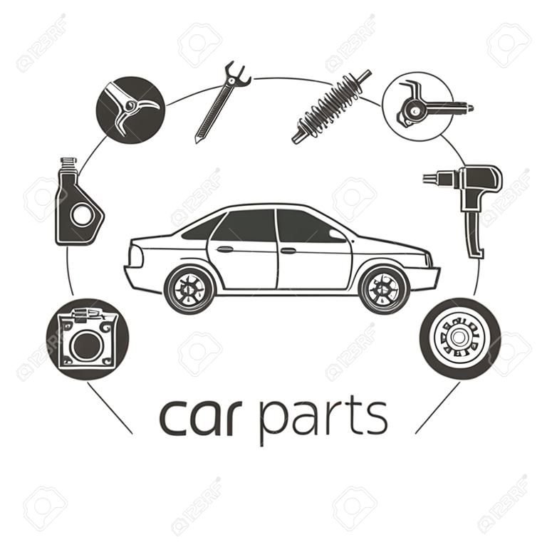 Autoteile. Stellen Sie Ikonen Auto-Ersatzteile für Reparaturen. Vektor-Illustration. Konzeptauto und Ersatzteile. Kann als Logo-Shop für den Verkauf von Ersatzteilen, Web-Banner, Druck verwendet werden. Vektor