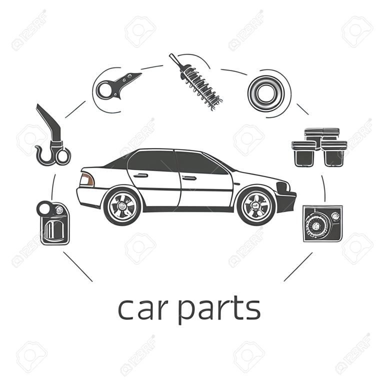 Car parts. Set icons auto spare parts for repairs. Vector illustration. Concept car and spare parts. Can be used as a logo store for the sale of spare parts, web banner, print. Vector