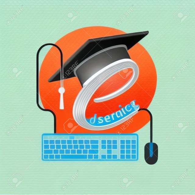 E-learning concept. Logo learning online center and graduation. Vector illustration flat design. Abstract background education. Logo template online education, internet teaching, distance training.