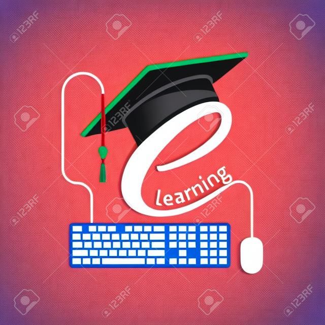 E-öğrenme kavramı. Online öğrenim merkezi ve mezuniyet logosu. Vektör illüstrasyon düz tasarım. Soyut eğitim. Logo şablonu çevrimiçi eğitim, internet öğretimi, uzaktan eğitim.
