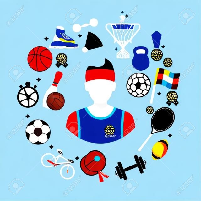 Athlete icon sports items. Sports abstract background. Flat style. Vector illustration cartoon design. Isolated on white background. Football basketball volleyball tennis medal cup bike weightlifting.