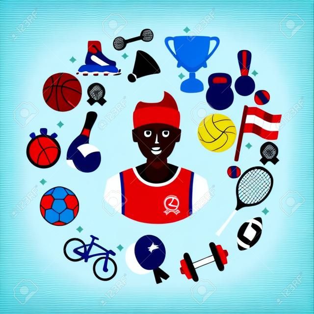 Athlete icon sports items. Sports abstract background. Flat style. Vector illustration cartoon design. Isolated on white background. Football basketball volleyball tennis medal cup bike weightlifting.