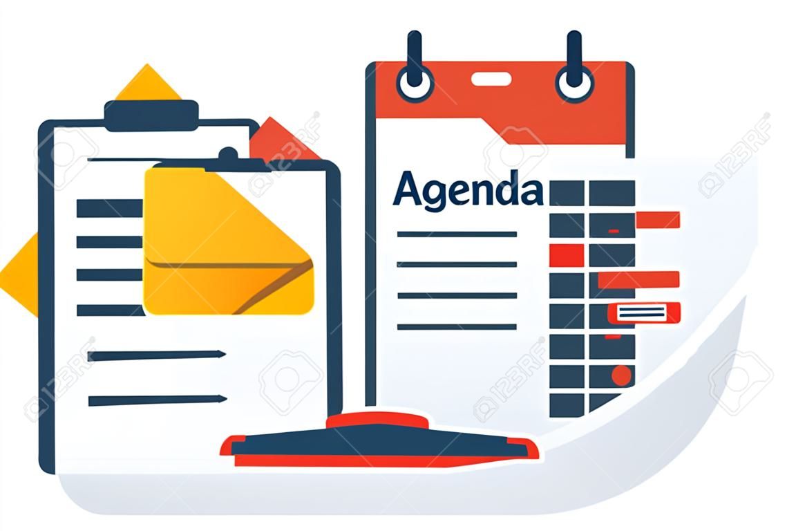 Agenda concept. Template, banner for web and print. Vector illustration, flat design. Writing in the clipboard list, time control. Action plan, calendar with marks.