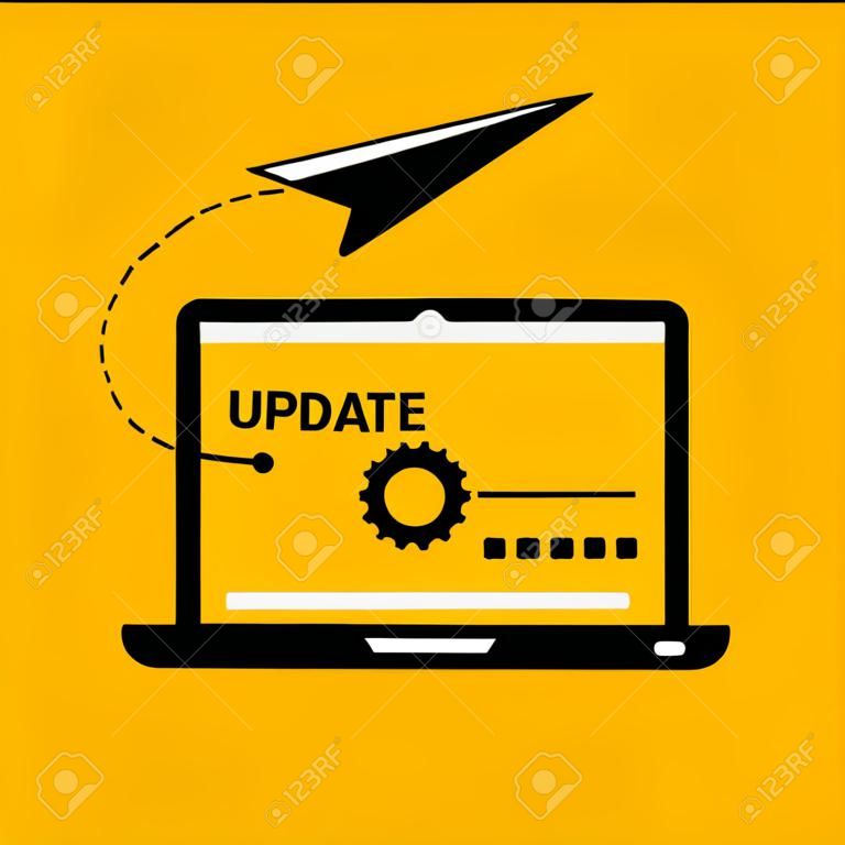 System update laptop. computer screen. new version software. Install update process. Template landing page. data transfer. Vector illustration flat design.