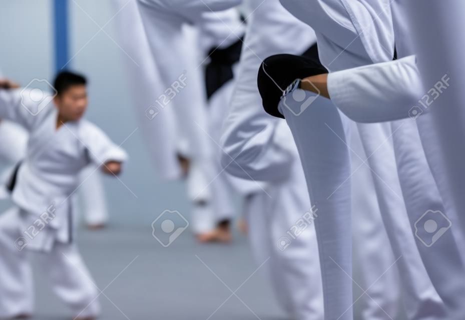 Ludzie w treningu sztuk walki wykonywania Taekwondo.